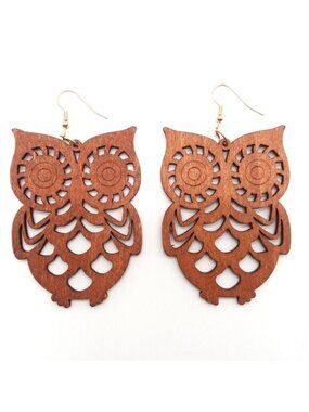 Owl Earrings Cut Wood Hollow Dangle Boho Stylish Trendy Bold Large Dangle Fun